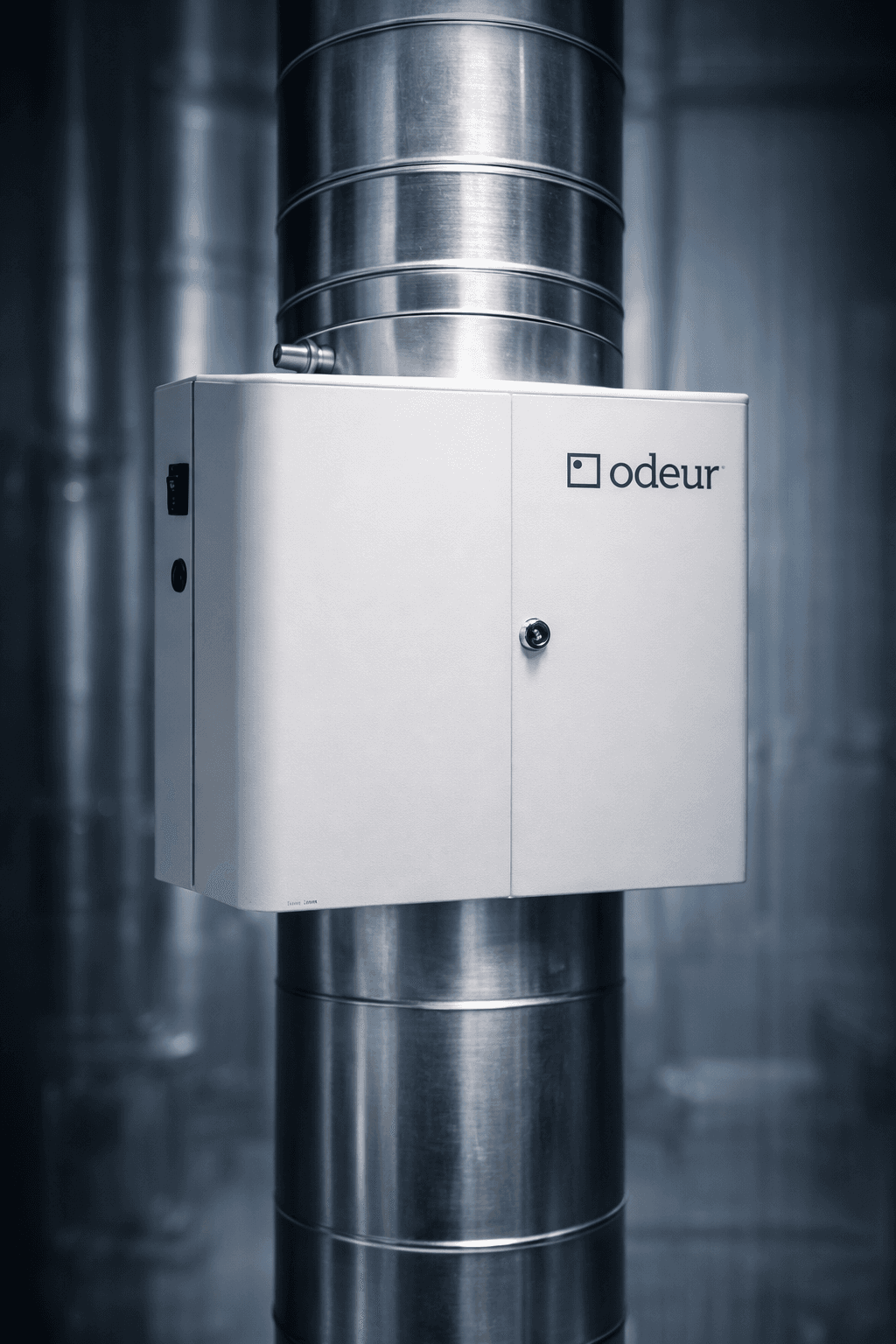Unidad ODEUR AE3500 montada sobre un ducto de aire acondicionado industrial